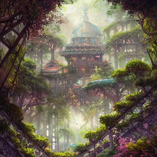 Prompt: dreamy landscape in an ornate baroque aya takano-inspired dream palace sparkle courtyard overgrown with vines, surrounded by cute forest scenery with various futuristic exobiome-related buildings, beautiful surrealism oil painting, trending on artstation