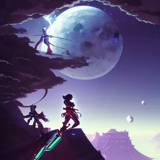 Image similar to moonwalker, like genji up in the clouds, filthy as charge, anime, retro punk, moonscape of the fifth dimensional rift into alt punk, by hayao miyazaki and rossdraws and artgerm and greg rutkowski and studio trigger, high quality, stunning, intricate detailed environment. 8 k