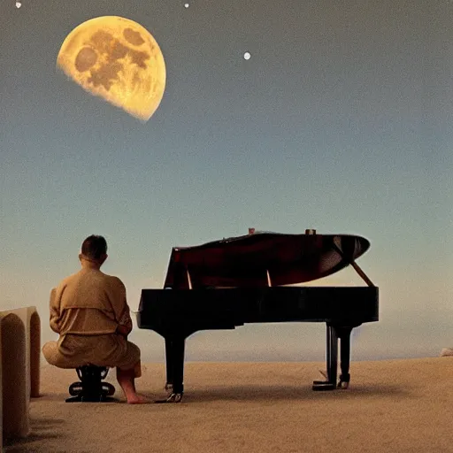 Image similar to back view of a sitting man wearing white robe playing piano in front of a giant moon rising from ocean