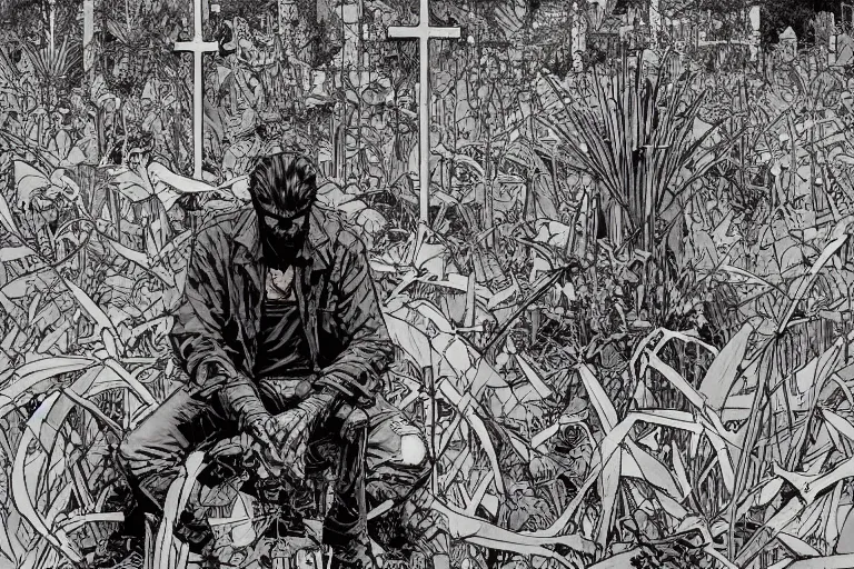 Image similar to abandoned overgrown graveyard, large crosses, spiny thorned giant plants, very coherent, intricate design, painting by Laurie Greasley, part by Yoji Shinkawa, part by Norman Rockwell