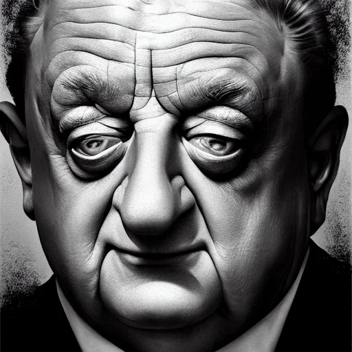 Image similar to a portrait of rodney dangerfield, hyper realistic, octane render, by barlowe. masterpiece portrait painting. dark, moody,, abstract brush strokes,.