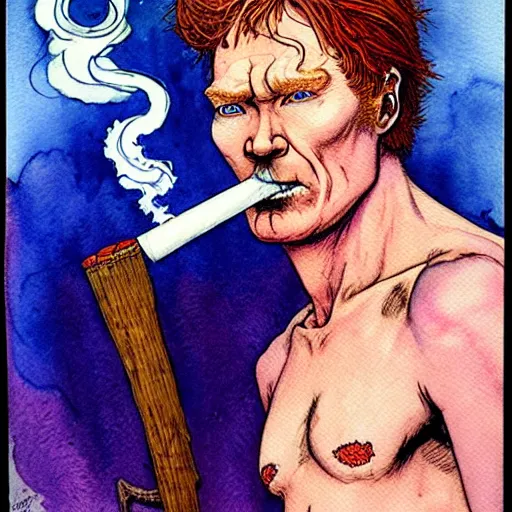 Prompt: a realistic and atmospheric watercolour fantasy character concept art portrait of conan o'brien with pink eyes wearing a wife beater and smoking a huge blunt by rebecca guay, michael kaluta, charles vess and jean moebius giraud