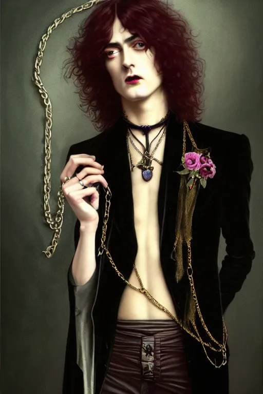 Prompt: a beautiful androgynous man, long hair, tall and thin, dressed in velvet, rock star, young jimmy page, wearing several pendants and a choker, vampire, illustration, dramatic lighting, soft details, painting, art nouveau, octane render, 8 k, hd, by edmund blair leighton, brom, charlie bowater, faces by otto schmidt
