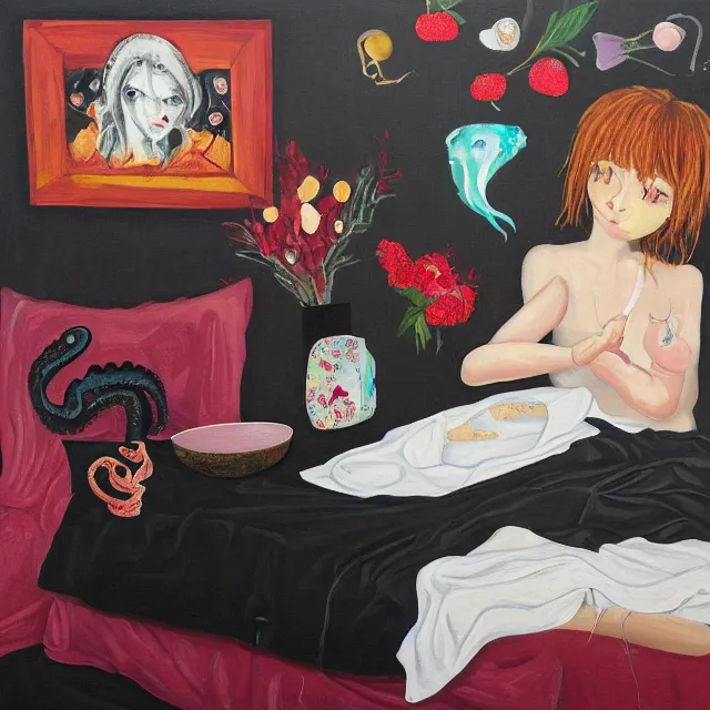 Image similar to a portrait in a female artist's bedroom, black walls, emo girl eating pancakes, sheet music on fire, berries, surgical supplies, handmade pottery, flowers, sensual, octopus, neo - expressionism, surrealism, acrylic and spray paint and oilstick on canvas