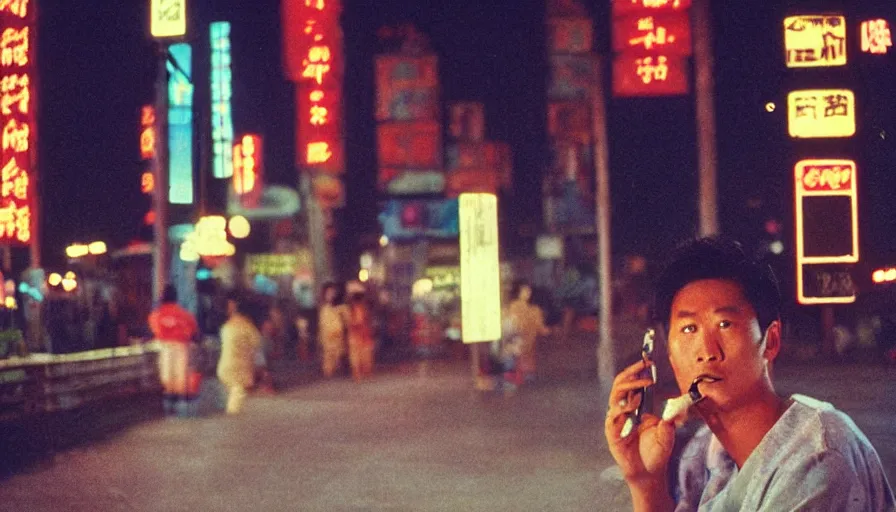 Prompt: 80s asian neon movie still with a man smoking cigarette by the river at night with lights city lights behind his back. Fallen angels still. hyperrealistic, high definition, medium format photography, highly detailed, tehnicolor