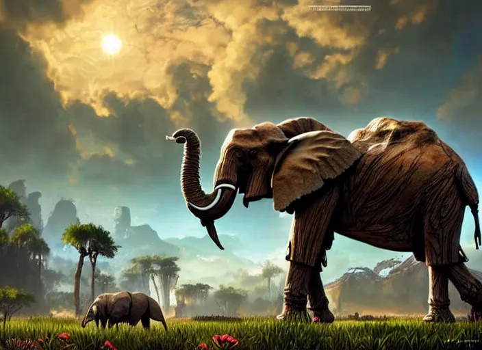 Prompt: symmetry!! landscape portrait of a herd of hybrid robot mammoth elephant with big tusk, floral! horizon zero dawn machine, intricate, elegant, highly detailed, digital painting, ancient ruins background, sunrise, background atmospheric lighting, ray tracing, artstation, concept art, smooth, sharp focus, illustration, art by artgerm and greg rutkowski 8 k