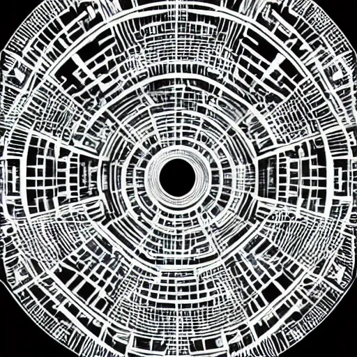 Prompt: a faint yin - yang daoist symbol superimposed on the futuristic cityscape in a utopian well - organized society, black and white multiscale