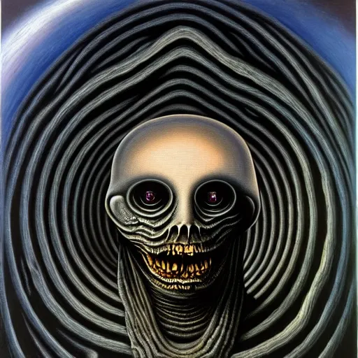 Prompt: peer into the depths of the endless cosmic void. behold your fears. hr giger, oil on canvas