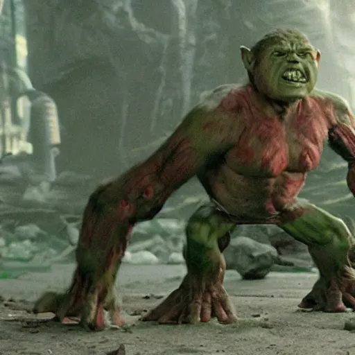 Prompt: A singular creature mix between Hulk and Gollum fighting robots, center frame medium shot, shot on technicolor cinemascope 35mm anamorphic lense, flare, still from a movie