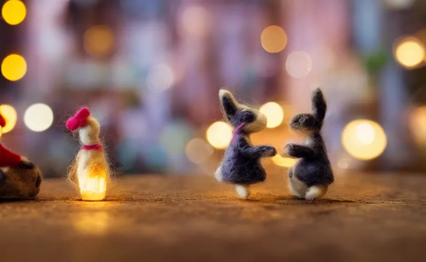 Image similar to miniature cafe diorama macro photography, cafe with felted bunnies on a date, alleyway, ambient, atmospheric, british, cozy, bokeh, romantic, colorful lanterns