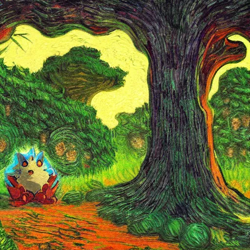 Image similar to sad painting of detailed sonic the hedgehog in the woods at night, in the style of studio ghibli and moebius and claude monet and edward hopper and vincent van gogh