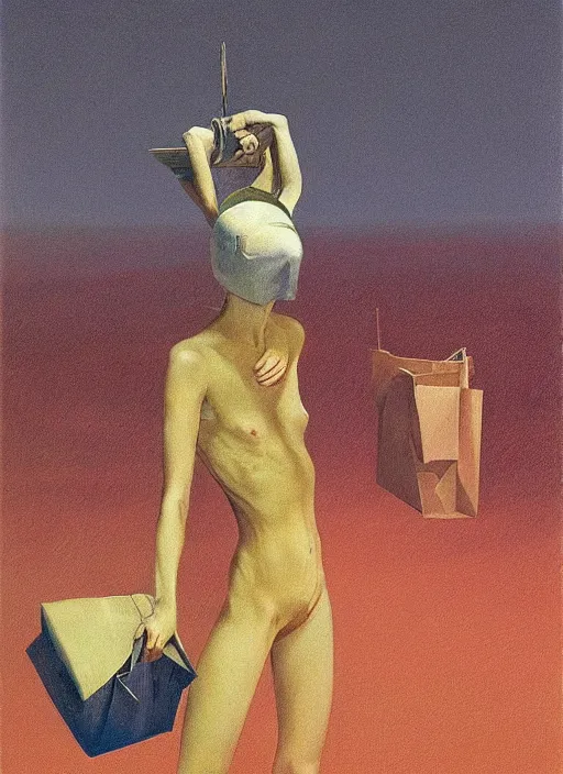 Prompt: woman flying with a paper bag over the head and a sward Edward Hopper and James Gilleard, Zdzislaw Beksinski, highly detailed