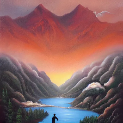 Image similar to surreal painting from a man with a hat in front of mountains