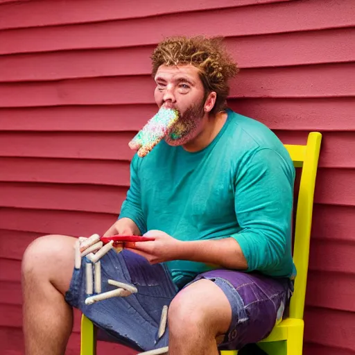 Image similar to six foot tall burly man named craig, eating crayons crayons stuffed into his mouth, chewing, eating, binging, sitting on a wooden chair, at evening, 4 k photograph