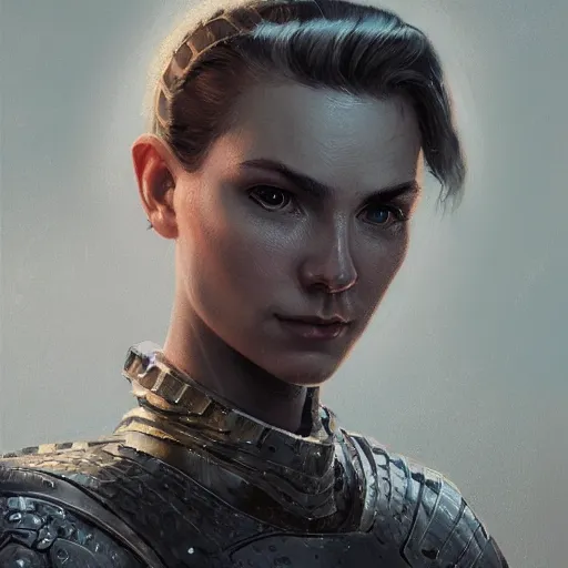 Image similar to portrait of a beautiful young scandinavian woman with a half shaved undercut hairstyle wearing full plate armor, HD, D&D 4k, 8k, incredibly detailed, intricate, masterpiece, digital illustration by greg rutkowski, trending on artstation, character design, concept art