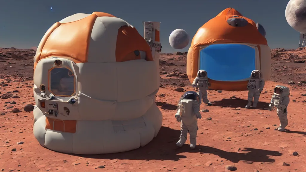 Image similar to a bounce house on mars, big mistake, several men in space gear look up to see an astronaut miles high, created in unreal engine 5, incredible detail