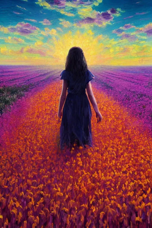 Prompt: giant corn flower head, girl walking in a flower field, surreal photography, sunrise, dramatic light, impressionist painting, colorful clouds, digital painting, artstation, simon stalenhag