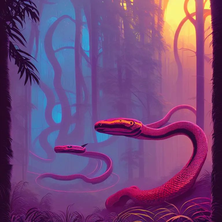 Prompt: illustration of a futuristic giant snake in a neon forest, highly detailed, by James Gilleard and Bruce Pennington