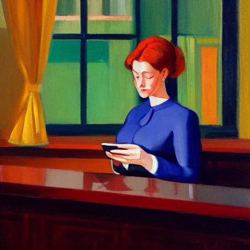 Image similar to a painting of a woman sitting in a bar scrolling on her smartphone in the style of edward hopper