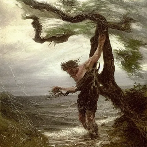 Image similar to The drawing shows a man caught in a storm, buffeted by wind and rain. He clings to a tree for support, but the tree is bent nearly double by the force of the storm. The man's clothing is soaked through and his hair is plastered to his head. His face is contorted with fear and effort. by William Trost Richards natural