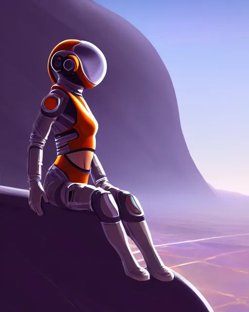 Prompt: concept art of a beautiful sleek futursitic astronaut, she is sitting in the edge of an alien cliff overlooking an alien landscape | | epic - fine - clean, polished, trending on artstation, anime style, brush strokes