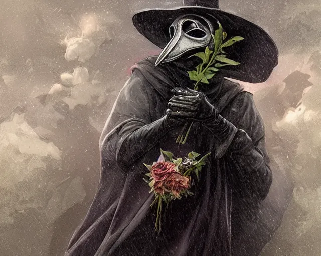 Image similar to plague doctor holding flowers, heavy rain, wind, thunder, reflections, deep focus, d & d, fantasy, intricate, elegant, highly detailed, digital painting, artstation, concept art, matte, sharp focus, illustration, hearthstone, art by artgerm and greg rutkowski and alphonse mucha