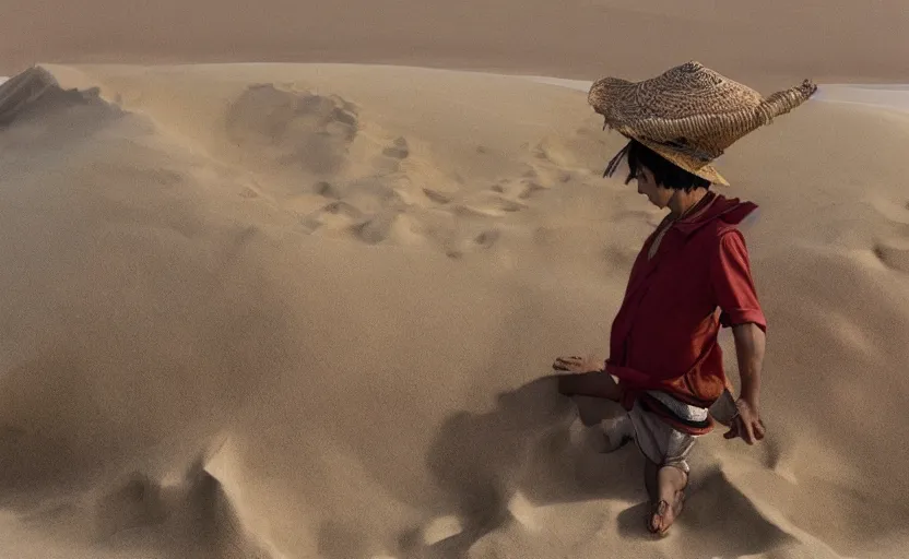 Prompt: a luffy in sand dunes, photography by kim jung gi