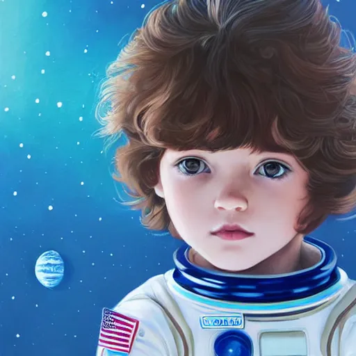 Image similar to a painting of a little girl with short wavy curly light brown hair and blue eyes, floating in space. she is an astronaut, wearing a space suit. beautiful detailed face line art by ilya kuvshinov and