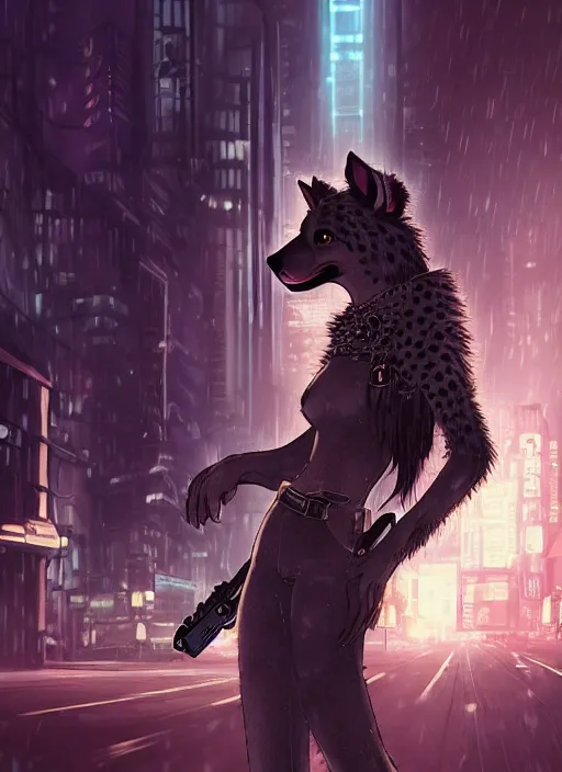 Image similar to character portrait of a female anthro hyena fursona with a cute beautiful attractive furry face and long black curly hair wearing a bulletproof vest in a cyberpunk city at night while it rains. hidari, color page, tankoban, 4K, tone mapping, Akihiko Yoshida.