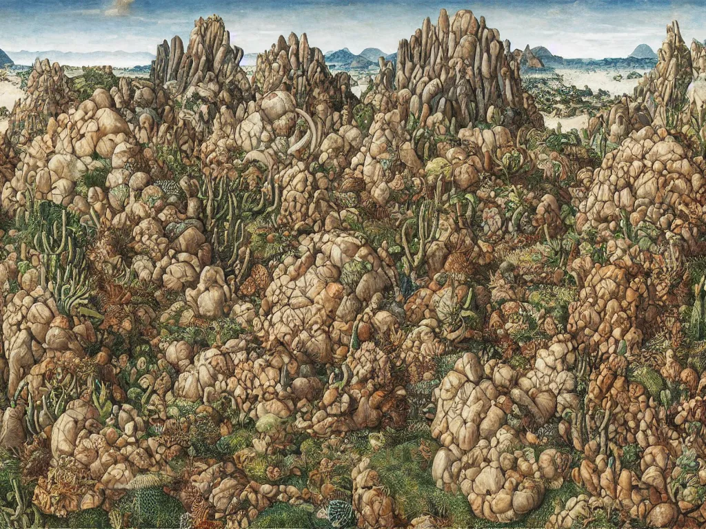 Prompt: Seashell citadel. Windswept desert, jagged rocks, marbled boulders, efflorescent cacti, fungus. Painting by Lucas Cranach, Escher.
