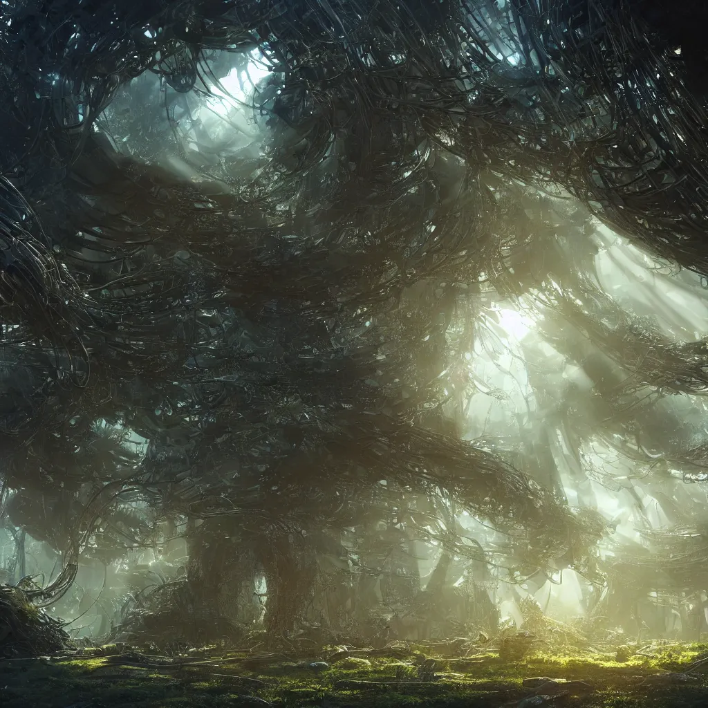 Prompt: the remnants of a broken alien supercomputer covered in thick wires in a mystical grove, futuristic ruins, god rays, warm natural lighting, beautiful atmosphere, artstation, cinematic concept art