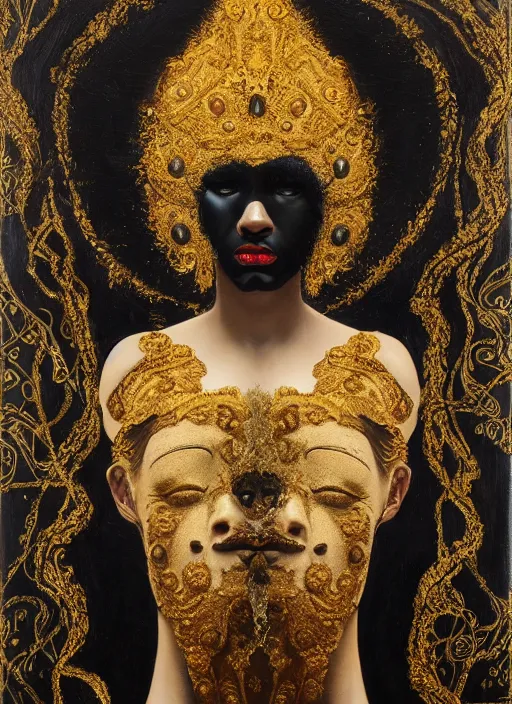 Prompt: highly detailed oil painting | very intricate | cinematic lighting | black, white and gold color scheme, dark background | the yoruba mask by alexander mcqueen | by roberto ferri, by gustav moreau, by singer sargent and klimt, american romanticism, by austin osman spare, artstation, cgsociety, official art, octane