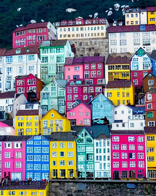 Prompt: colorful row houses, crowded, mountain goats climbing all over, on a highrise vertical buildings, bergen norway, rule of thirds, by Felipe Pantone, Wes Anderson and Damien Hirst