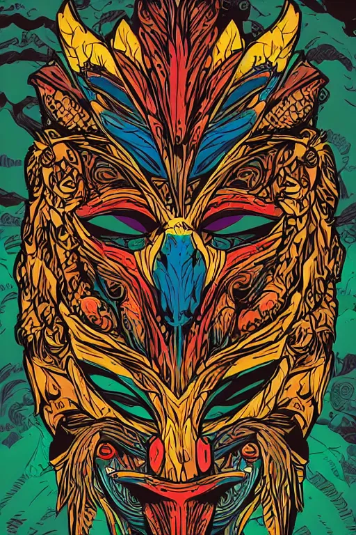 Image similar to animal mask totem roots flower tribal feather gemstone plant wood rock shaman vodoo video game vector cutout illustration vivid multicolor borderlands comics by josan gonzales and dan mumford radiating a glowing aura