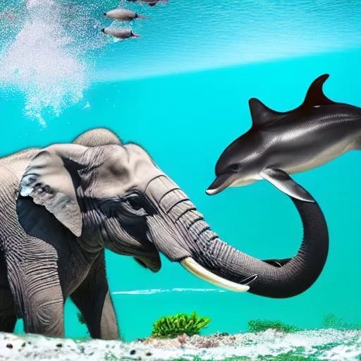 Prompt: Elephant swimming in aquarium takes selfie with dolphins, high quality image, 8k