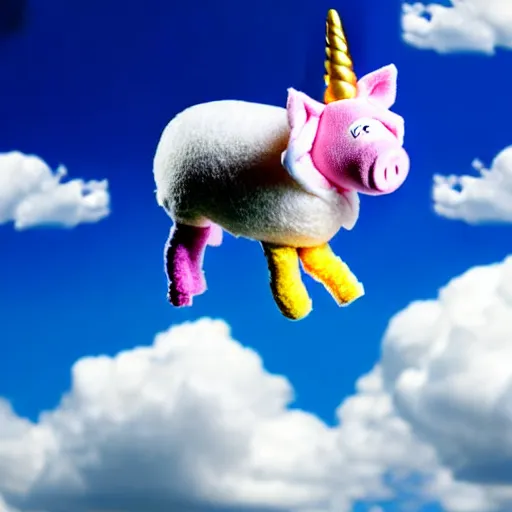 Image similar to studio photograph of a flying pig with unicorn horn depicted as a muppet in a blue sky with cotton ball clouds