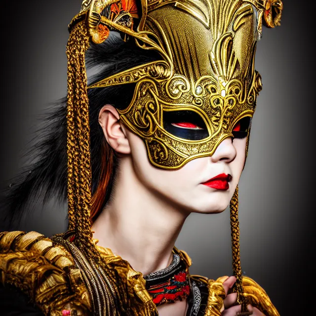 Prompt: full length portrait photo of a female warrior with ornate venetian mask highly detailed, 8 k, hdr, close up, smooth, sharp focus, high resolution, award - winning photo