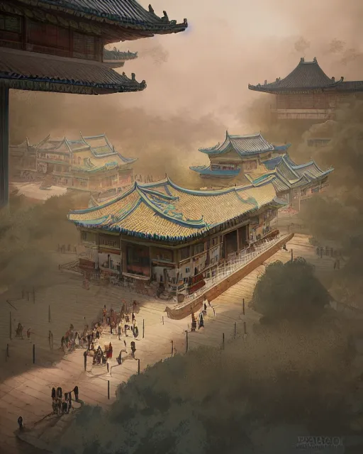 Image similar to tang dynasty palace by peter mohrbacher and dan mumford and nekro, cgsociety, volumetric light, 3 d render