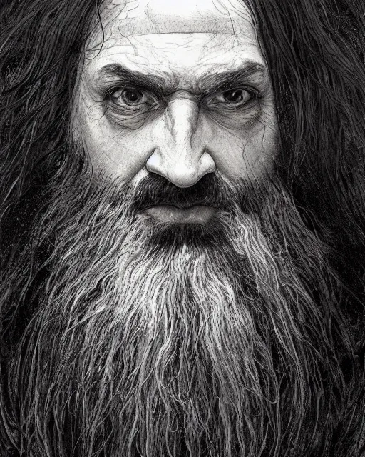 Image similar to portrait of a 6 0 - year - old giant man with long tangles of bushy black hair and beard hiding most of his face, kind eyes, wearing in black cloak, hyper realistic face, beautiful eyes, fantasy art, in the style of greg rutkowski, intricate, alphonse mucha, hyper detailed, smooth