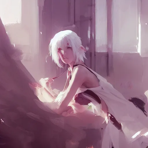 Prompt: white - haired young girl in front of a fan cooling off from a hot day by dustin nguyen, akihiko yoshida, greg tocchini, greg rutkowski, cliff chiang, 4 k resolution, trending on artstation