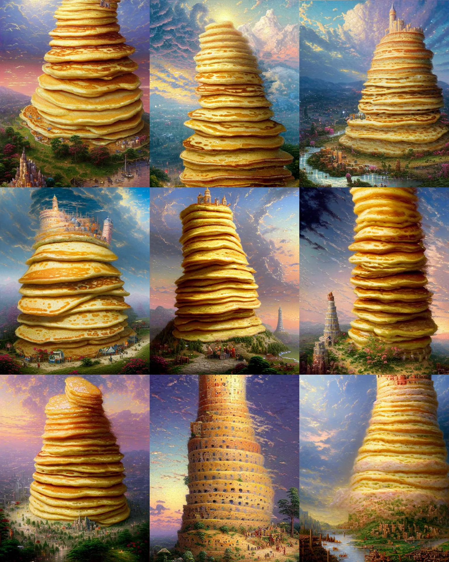 Prompt: stack of buttermilk pancakes in the shape of the tower of babel by thomas kinkade, oil on canvas