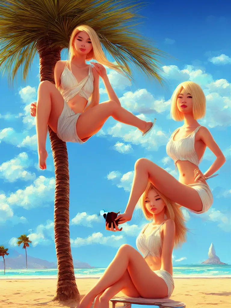 Prompt: a beautiful blond asian girl on chair hold coke in mediterranean beach, palm tree, majoy dreamlike sky,, cinematic lighting, highly detailed, digital painting, trending on artstation, pixiv, masterpiece, concept art, sharp focus, laura sava illustration, art by ross tran and wlop, ilya kuvshinov, jeremiah ketner, medium shot