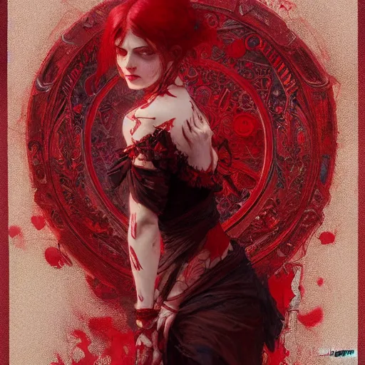 Prompt: goth girl covered in red paint, intricate, art by greg rutkowski and alphonse mucha, high detailed, 4 k,