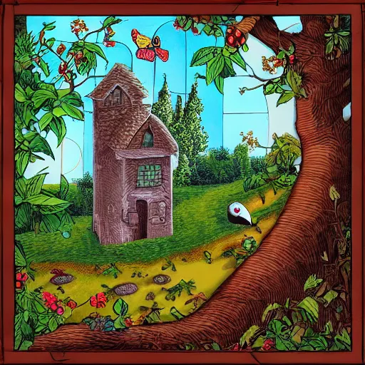 Prompt: a house with a tower, owl, butterflies, berries, lowbrow in the style of vangelis, 8 k, from far away,