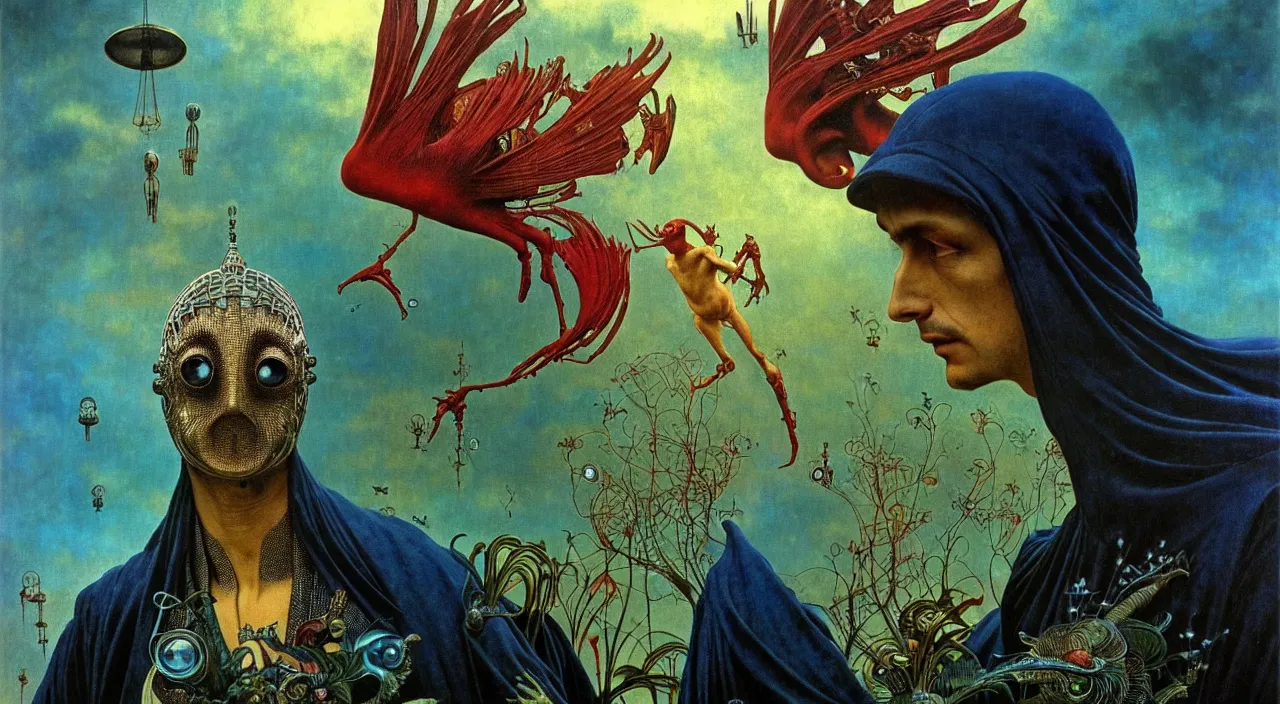 Image similar to realistic detailed portrait movie shot of a birdman wearing dark robes, sci fi city landscape background by denis villeneuve, amano, yves tanguy, alphonse mucha, ernst haeckel, max ernst, roger dean, masterpiece, rich moody colours, blue eyes, occult