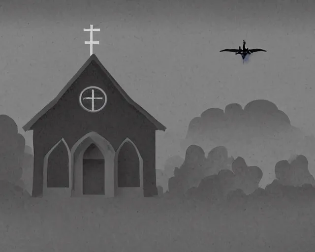 Prompt: An illustration showing an old church in the middle of nowhere, and ghost like stuff flying around it with a dark background behind it and smoke pouring out