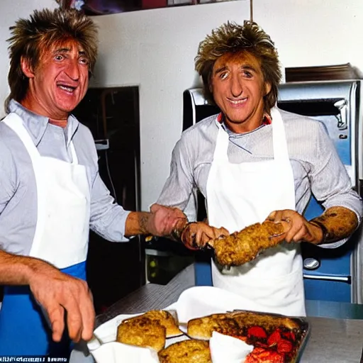 Image similar to rod steward is frying burgers, 1 9 8 0 s diner, dirty dishes, greasy food, impatient customers, rod stewart is wearing a stained apron, smiling at camera, white paper cap, he's sweating, photo