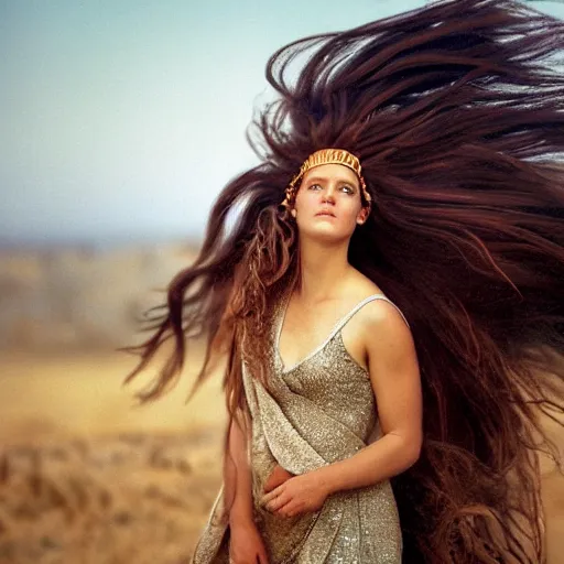 Image similar to full body color photograph of Helen of Troy, wearing a diadem, her hair blowing in the wind, dramatic lighting, by Annie Leibovitz Carl Zeiss 135mm nikon