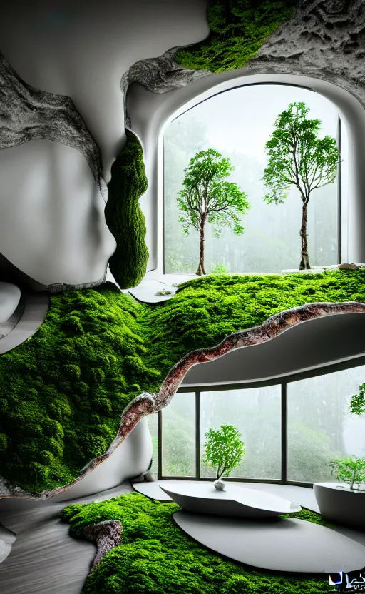 Prompt: highly detailed villa natural beautiful light interior soft cinematic composition of a smooth ceramic porcelain biomorphic magnolia stone nebula fluid sci - fi surreal architecture landscape, furniture, granite, trees, marble, moss, lichen, fungi, vincent callebaut composition, mamou - mani, archviz, 8 k, unreal engine, hdr