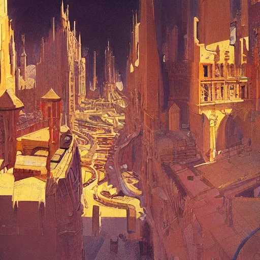 Image similar to Medieval city designed by Syd Mead